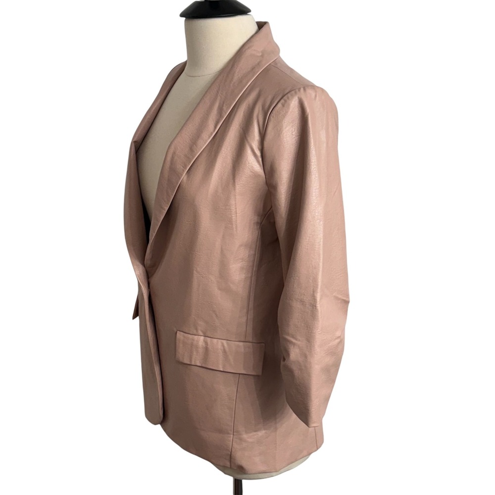 Women 3/4 Ruched Sleeves, Shawl Collar Lapel, Faux Leather Blazer - Picture 4 of 8